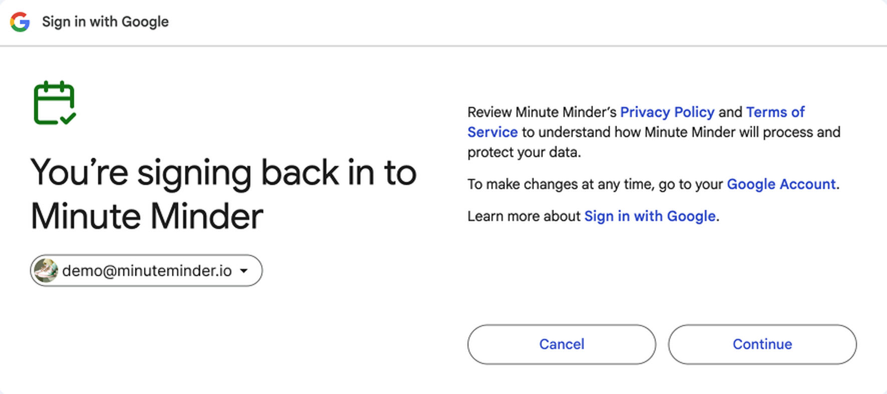 Sign in with Google: You're signing back in to Minute Minder
